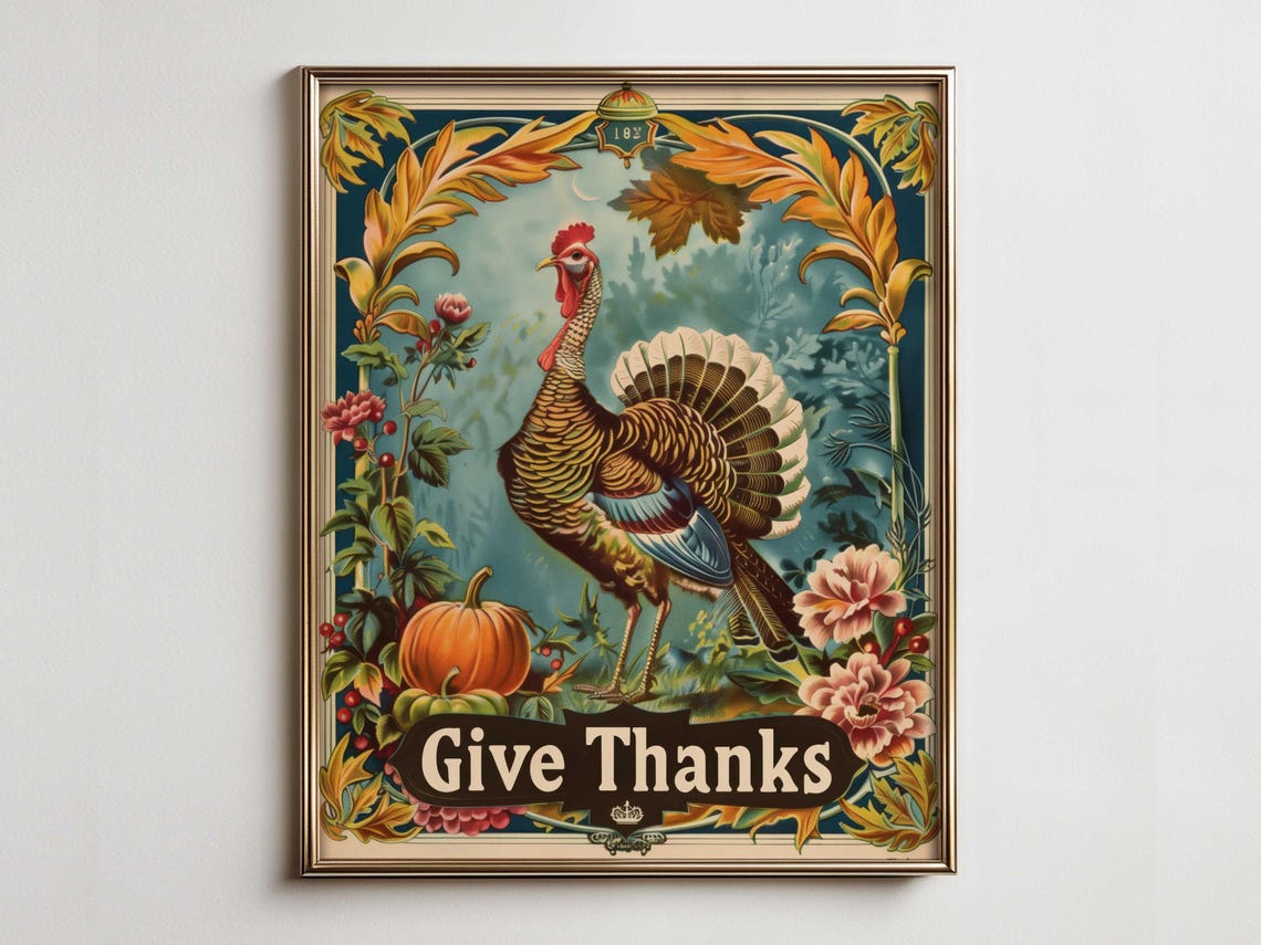 Give Thanks Vintage Turkey Botanical Thanksgiving Poster Art