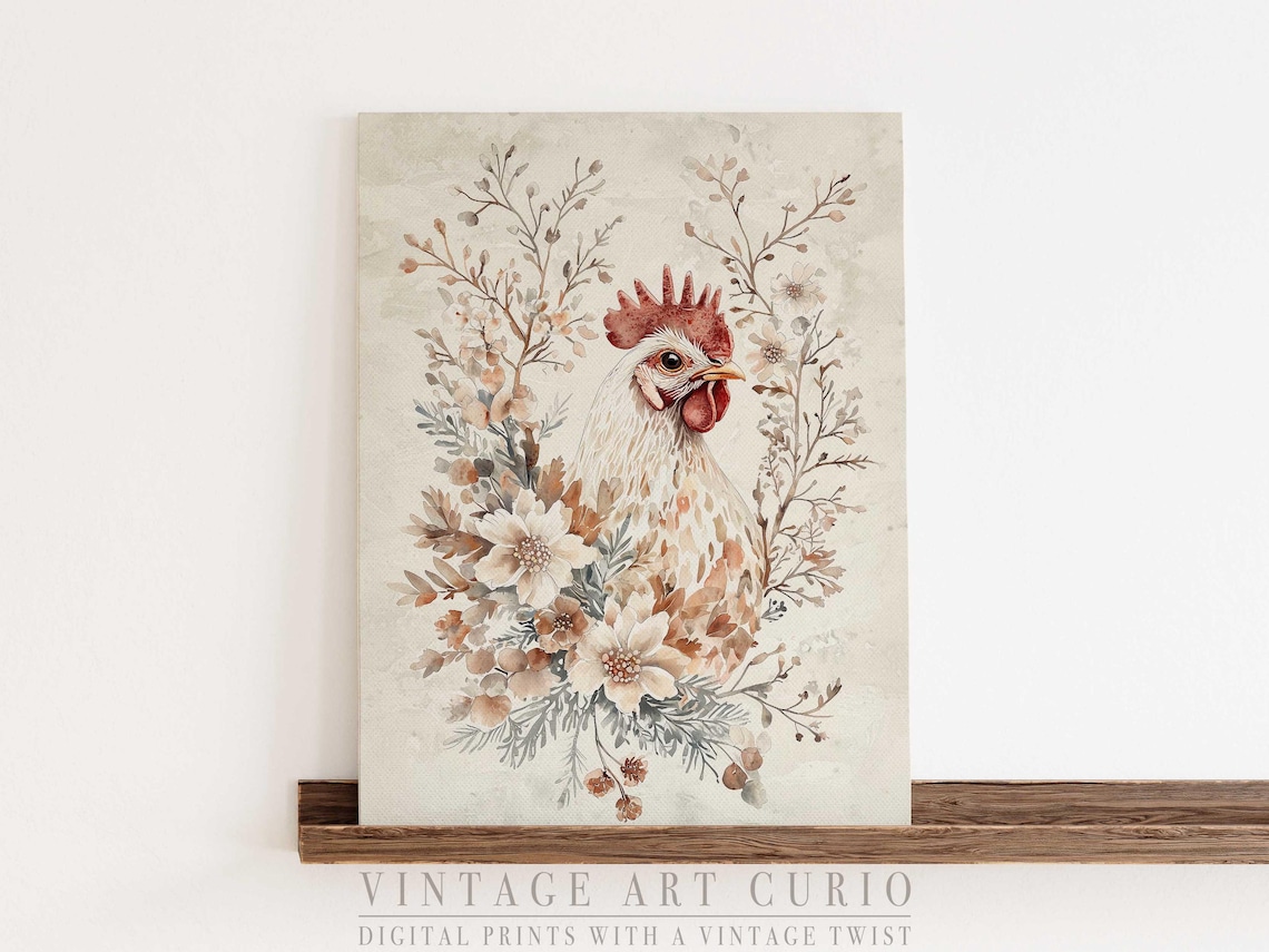 Watercolor Hen with Autumn Florals Rustic Farmhouse Kitchen Poster