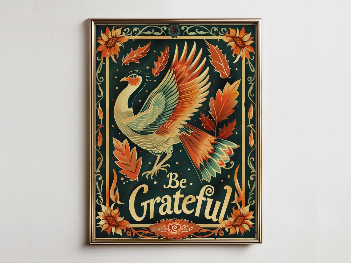 Be Grateful Vintage Pheasant Poster Thanksgiving Autumn Bird Wall Decor