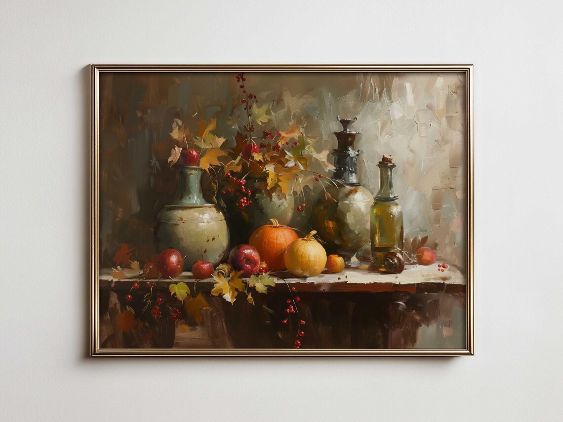 Autumn Harvest Pumpkins Apples Berries Bottles Still Life Poster