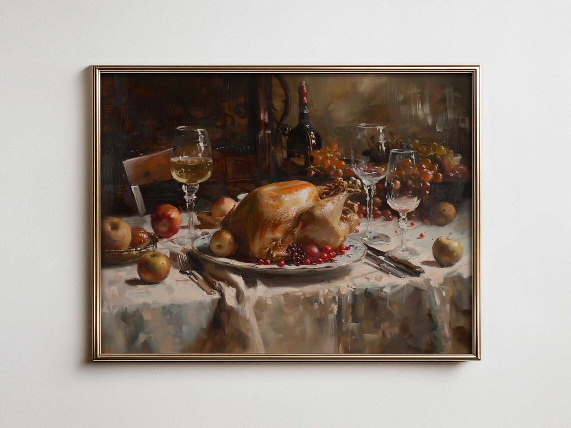 Golden Roast Turkey Grapes Candlelight Classic Still Life Poster
