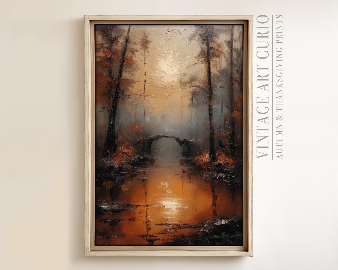 Tranquil Autumn Forest, Misty Bridge Reflections Art Print