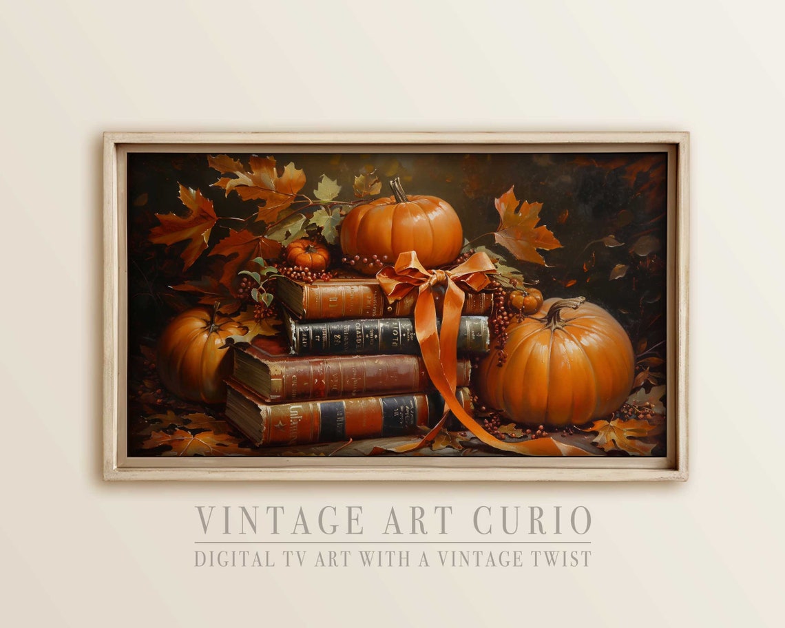 Stacked Vintage Books with Pumpkins Fall Still Life Oil Painting Print