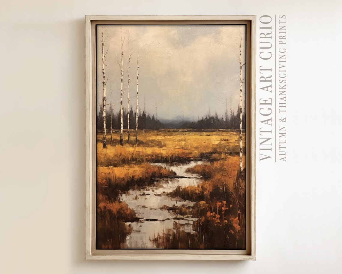 Autumn Birch Trees Marsh Stream Golden Fall Landscape Poster