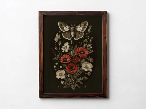 Moth And Poppy Gothic Dark Academia Art Print