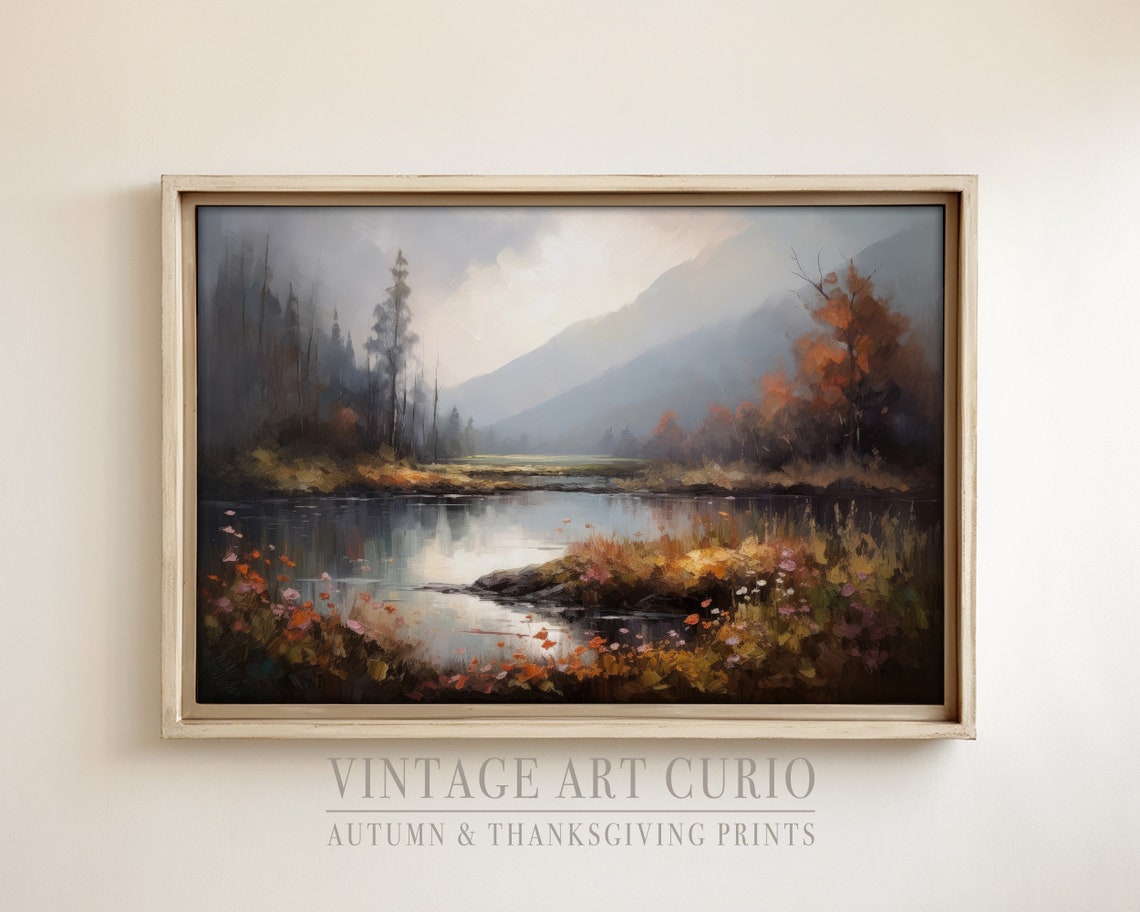 Warm Autumn Landscape Painting Vintage Rustic Fall Art Print Country Decor