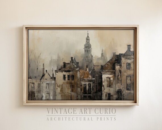 Dark Dutch Cityscape Painting, Vintage Architecture Art