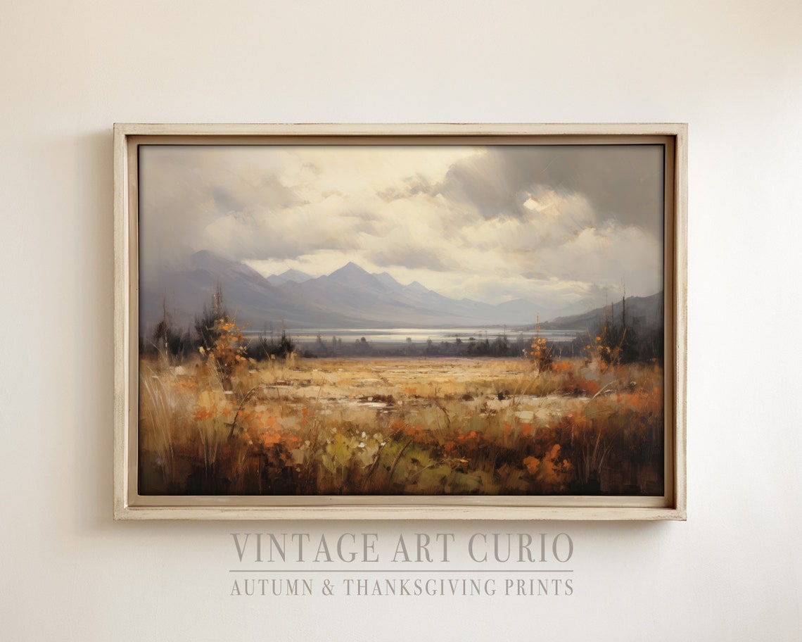 Golden Autumn Meadow Mountain Lake Cloudy Sky Vintage Landscape Poster