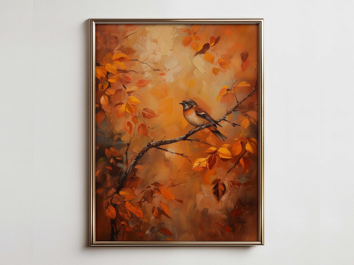 Autumn Songbird on Branch Golden Leaves Oil Painting Style Poster
