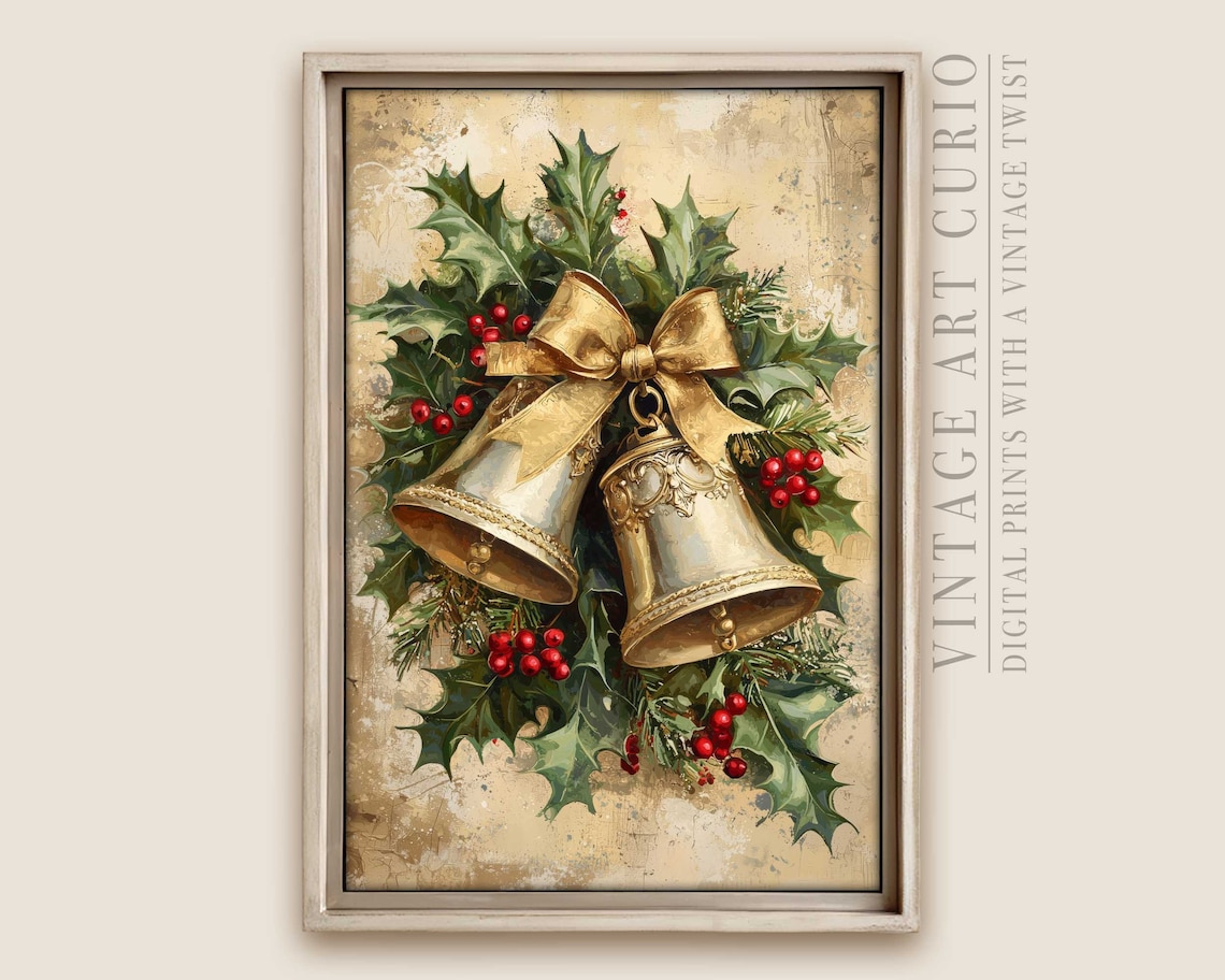 Vintage Christmas Bells Gold Bow Holly Berries Holiday Poster