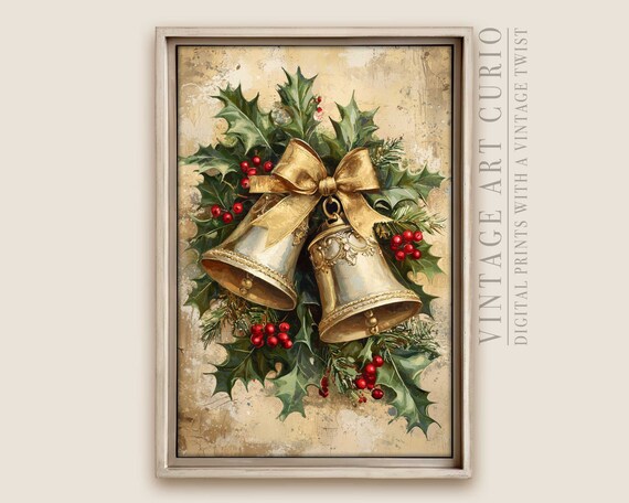 Vintage Christmas Bells Gold Bow Holly Berries Holiday Poster