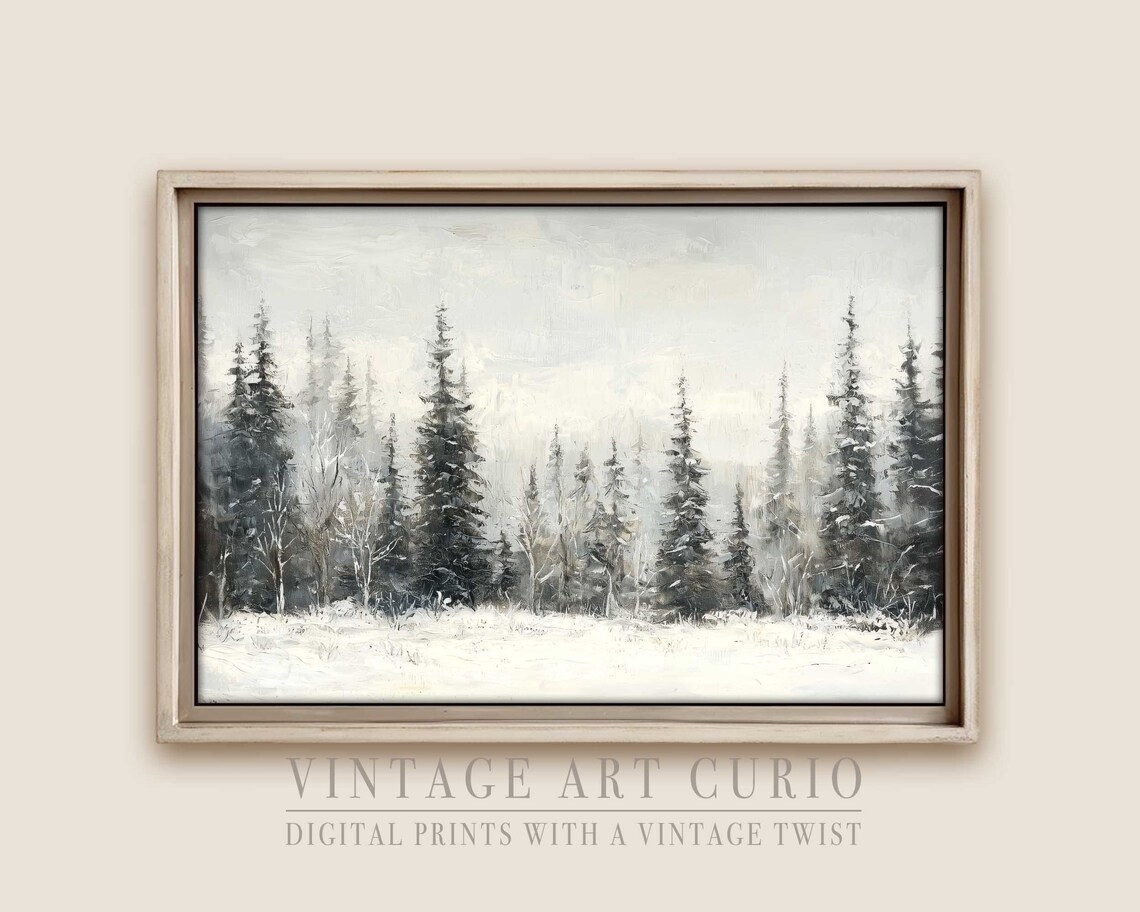 Rustic Pine Trees Oil Print Neutral Winter Landscape Minimalist Vintage Holiday Wall Art