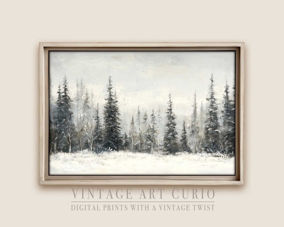 Rustic Pine Trees Oil Print Neutral Winter Landscape Minimalist Vintage Holiday Wall Art