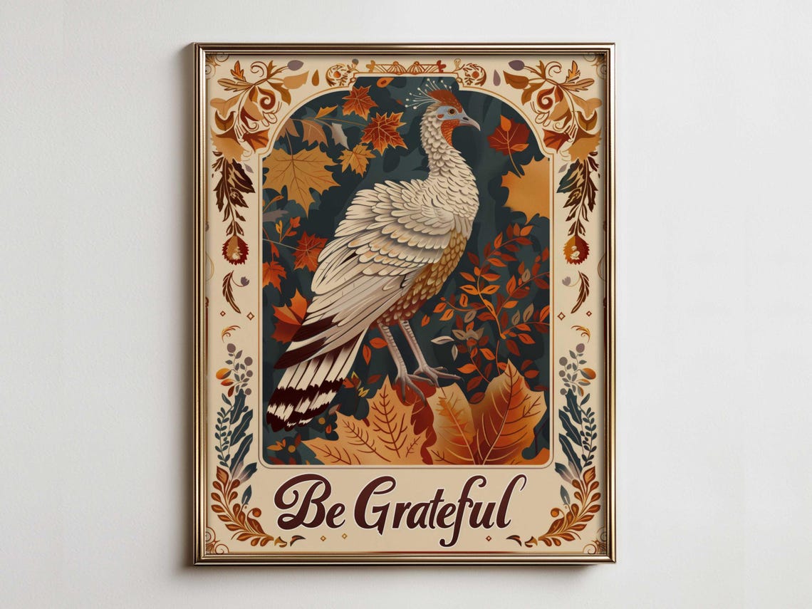 Be Grateful White Turkey Vintage Autumn Leaves Poster Art Design