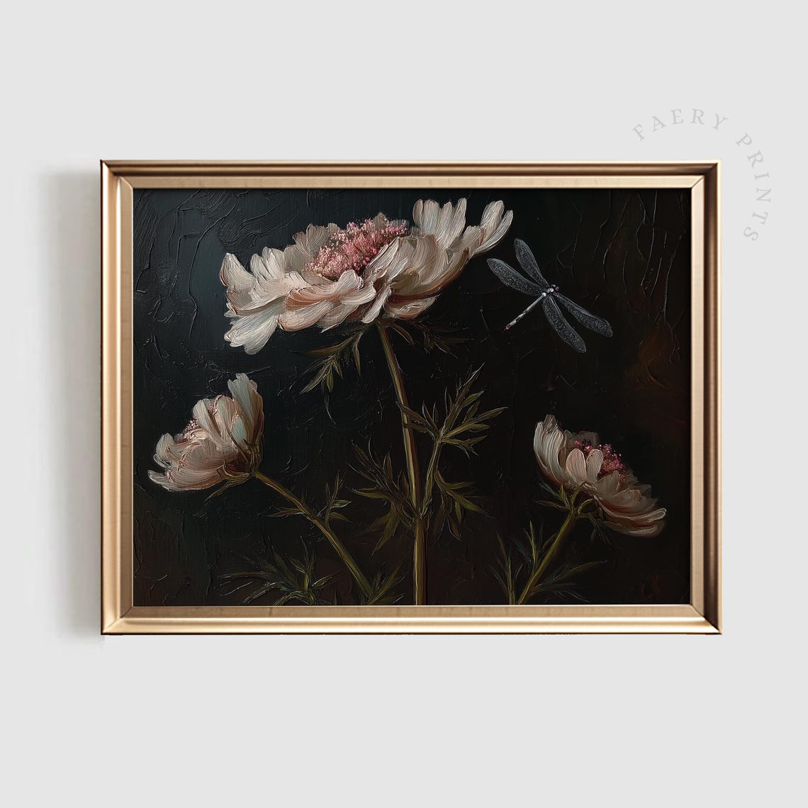 White Peonies With Dragonfly On Dark Background Moody Floral Art Print