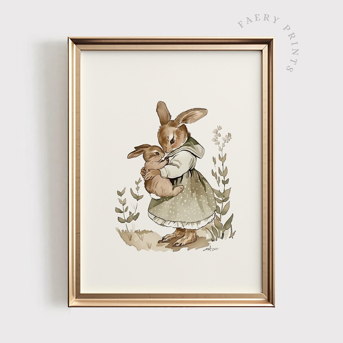 Rabbit Mom Son Vintage Neutral Nursery Art Print - Image 5