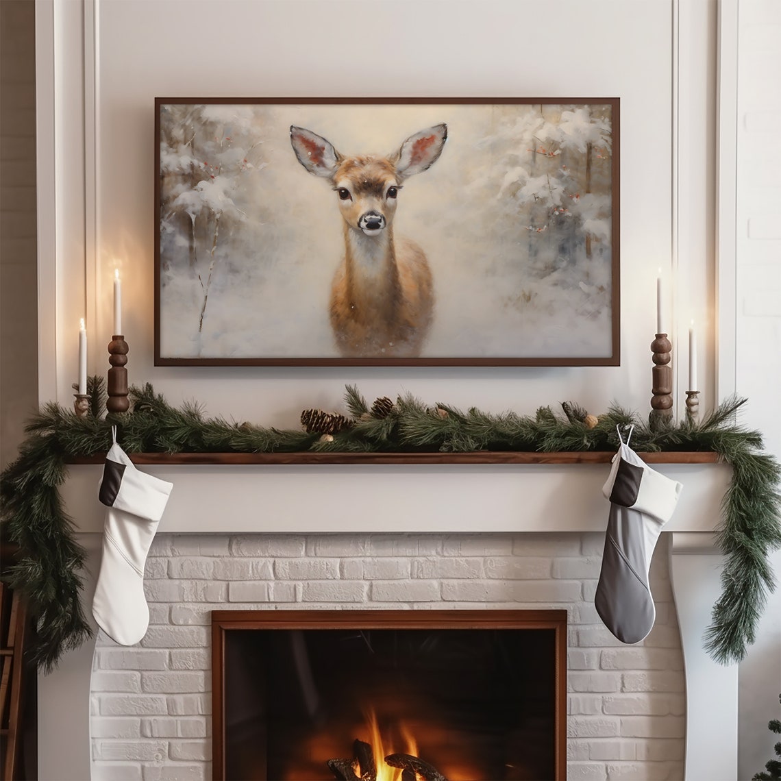 Young Fawn Standing In A Snowy Winter Forest Portrait Poster - Image 2