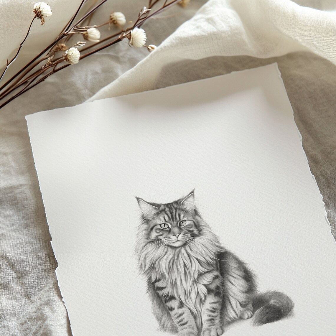 Maine Coon Cat Sketch, Black And White Art Print - Image 4