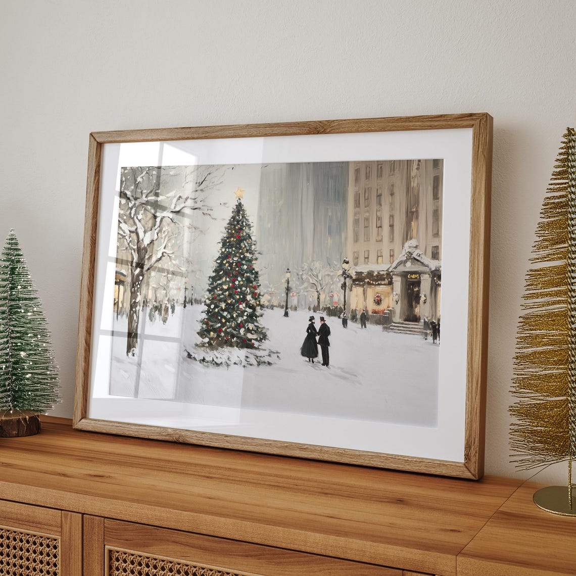 Snowy City Christmas Tree Plaza Vintage Winter Scene Art Poster - Image 4