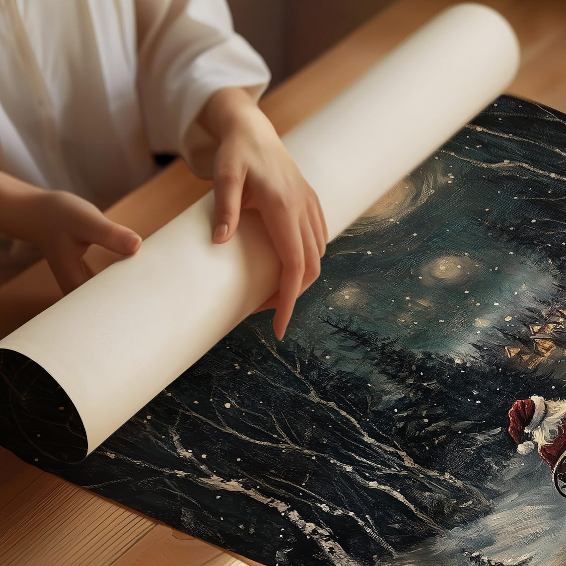Santa Claus Sleigh Journey Through Moonlit Snowy Forest Poster - Image 2