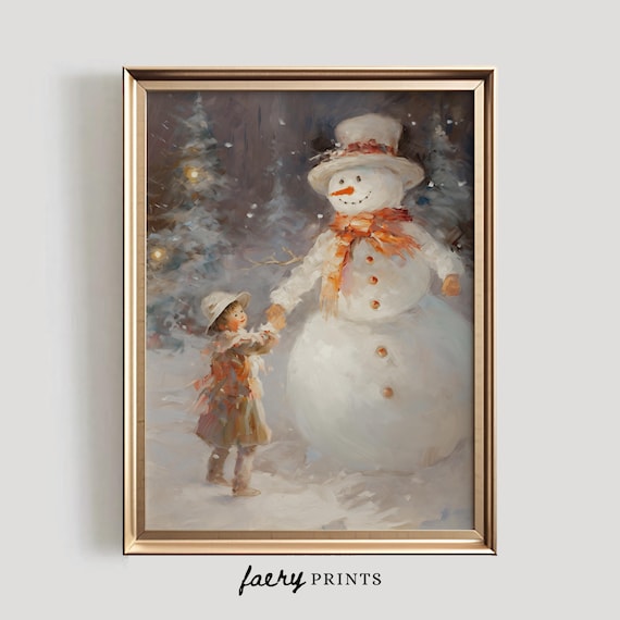 Vintage Snowman Winter Art Print, Holiday Decor