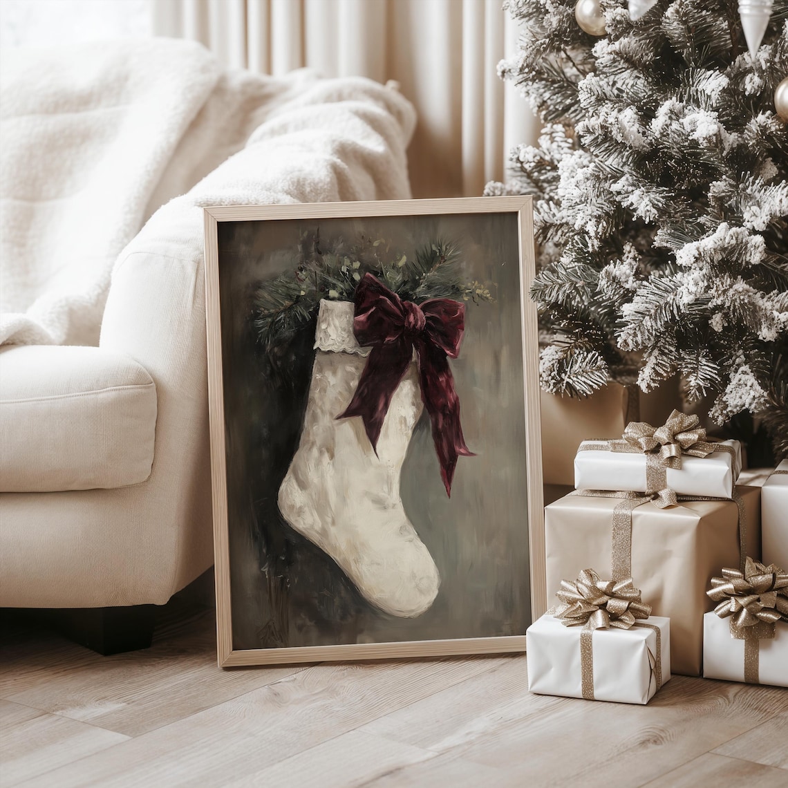 Vintage Christmas Stocking Art Print, Rustic Holiday Decor - Image 3