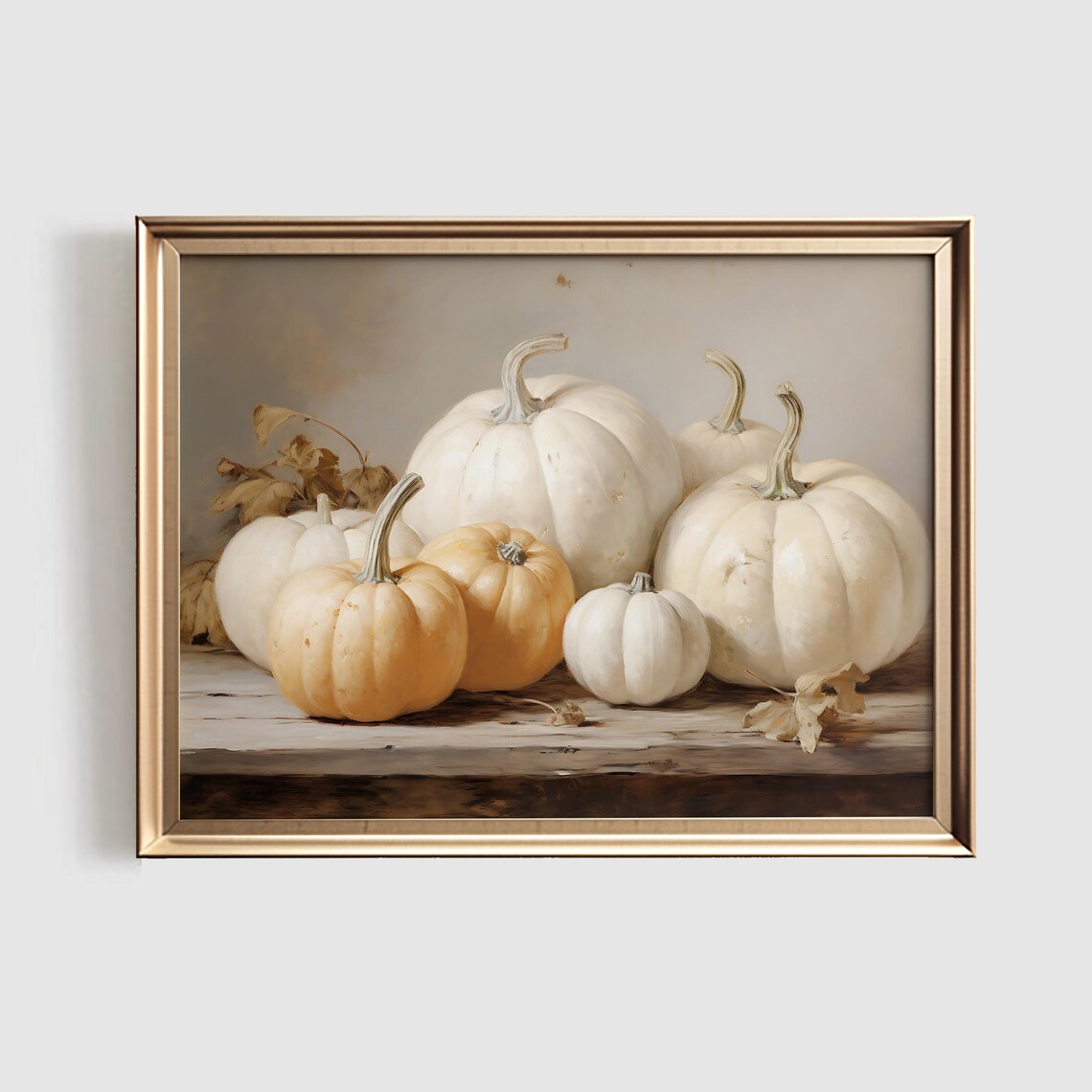 Vintage White Pumpkin Art Print, Rustic Fall Painting