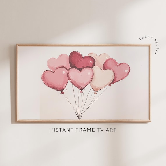 Pink Heart Balloon Watercolor Valentine Print Frame TV Display