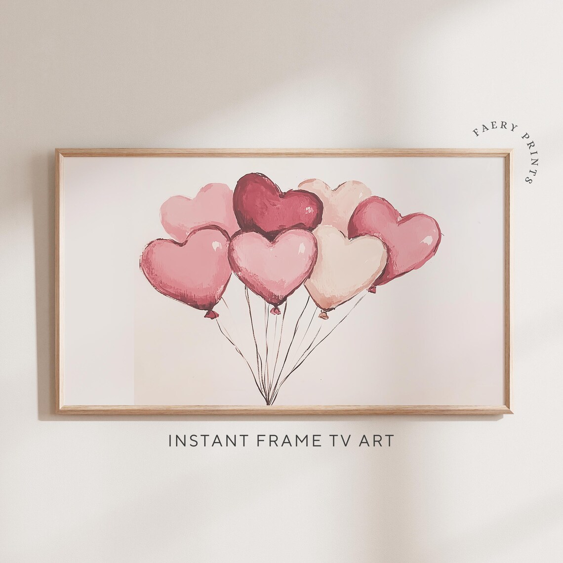 Pink Heart Balloon Watercolor Valentine Print Frame TV Display