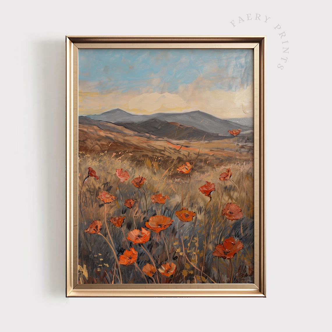 Poppy Field Sunset Art Print, Floral Landscape