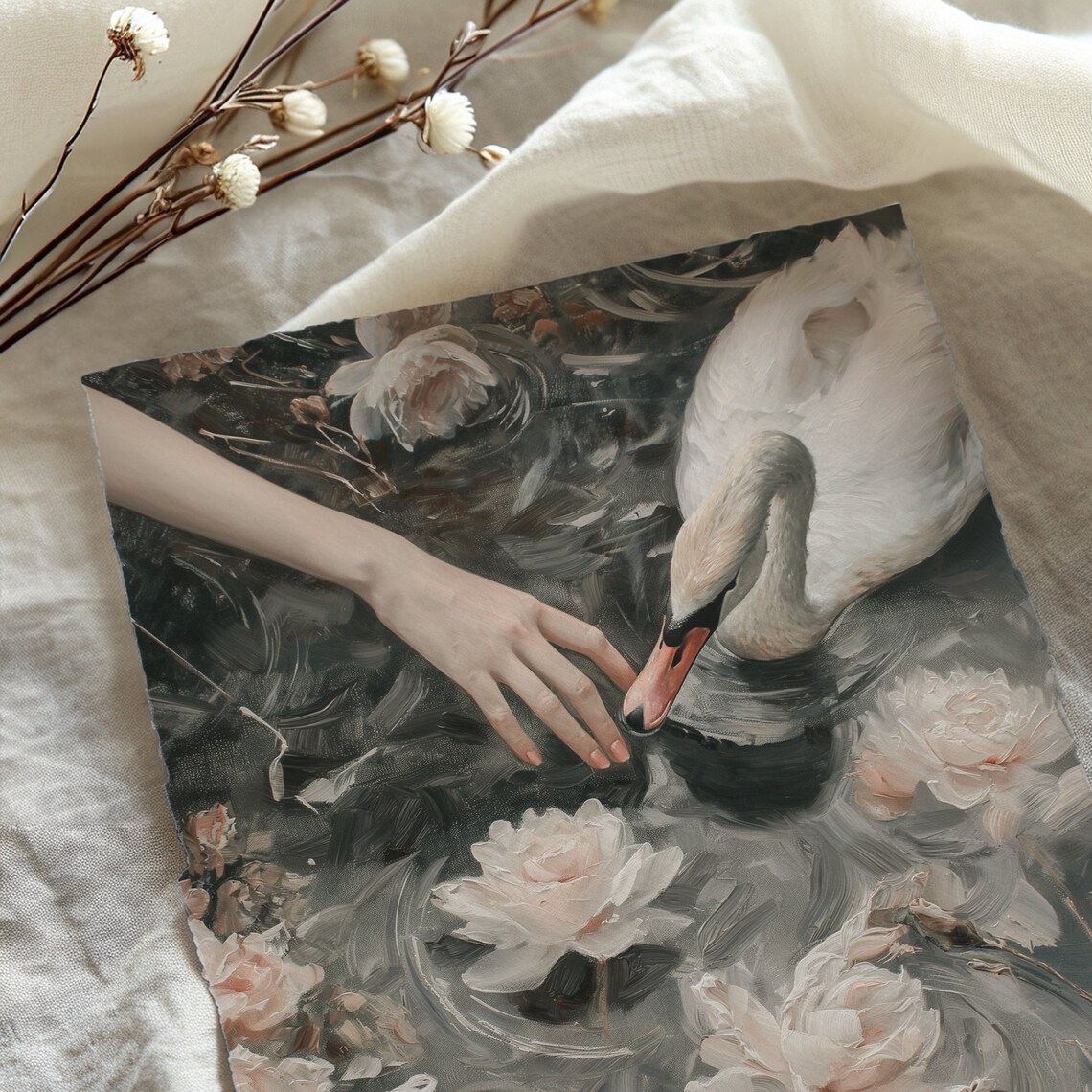 Swan Dark Water Hand Reaching Roses Moody Romantic Painting Poster - Image 3