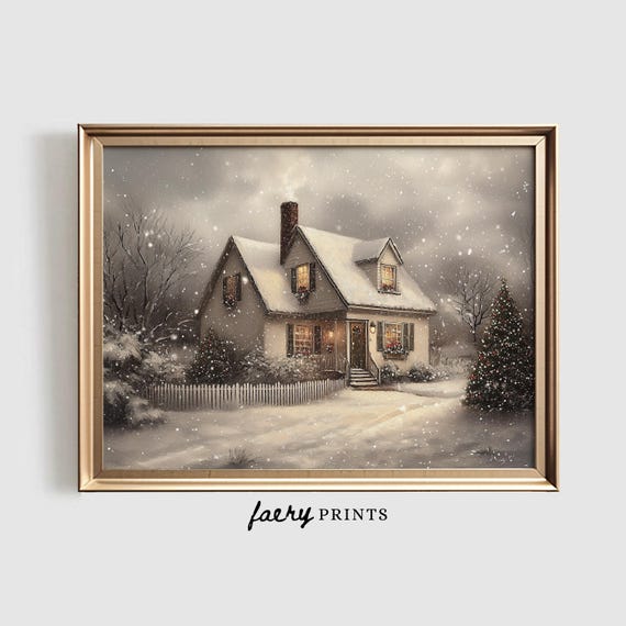 Christmas House Painting Vintage Holiday Art Print
