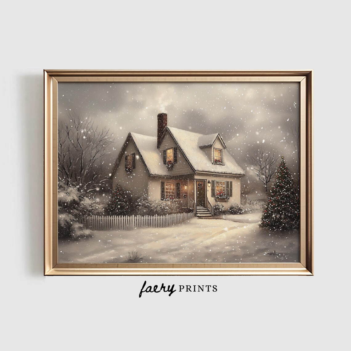 Christmas House Painting Vintage Holiday Art Print