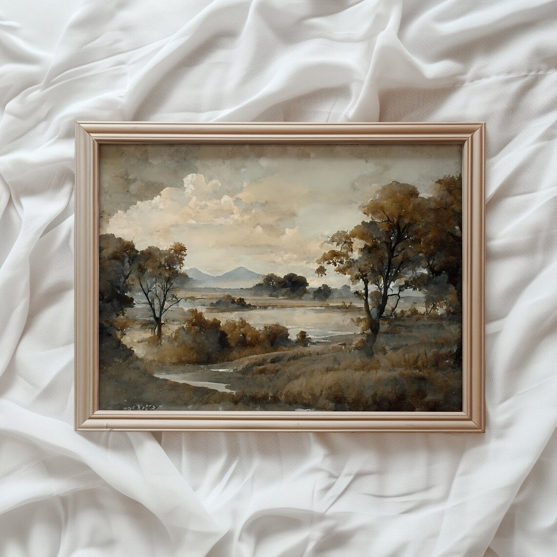 Vintage Rustic Landscape Art Print, Neutral Autumn Scene