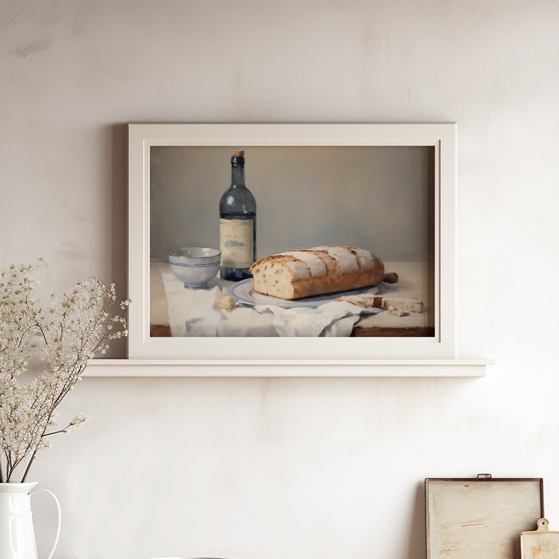 Wine Bottle Bread Bowl Rustic Still Life Oil Painting Poster - Image 4