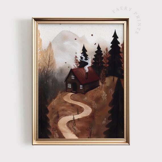 Rustic Fall Cabin Winding Path Misty Forest Mountains Art Print