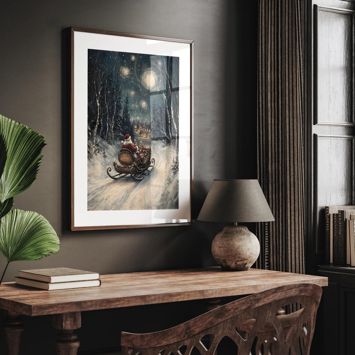 Santa Claus Sleigh Journey Through Moonlit Snowy Forest Poster