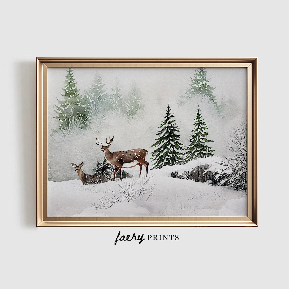 Watercolor Christmas Deer In Forest Art Print
