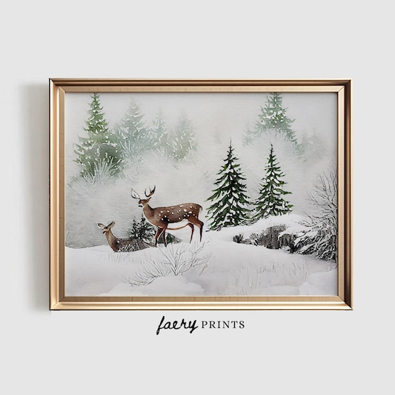 Watercolor Christmas Deer In Forest Art Print