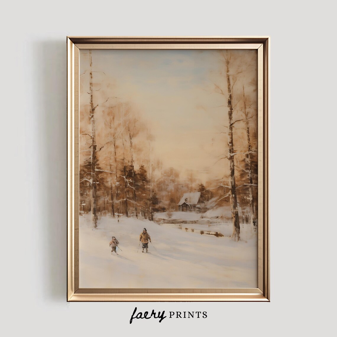 Winter Landscape Vintage Art Print, Cross Country Skiing