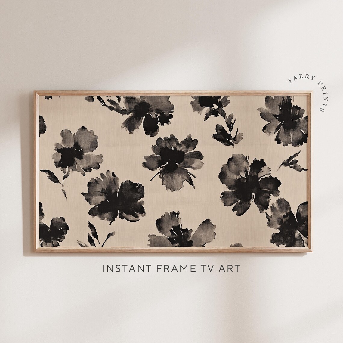 Black Ink Blossom Watercolor Monochrome Japandi TV Decor Poster