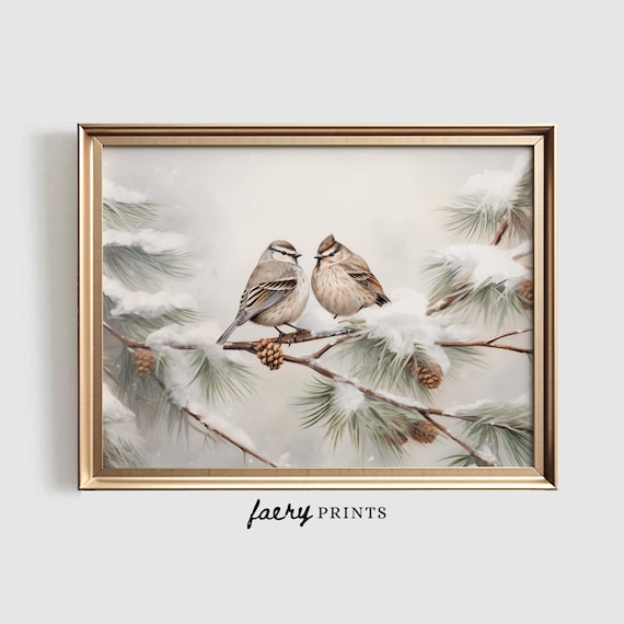 Two Winter Birds on Snowy Pine Branch Watercolor Nature Poster