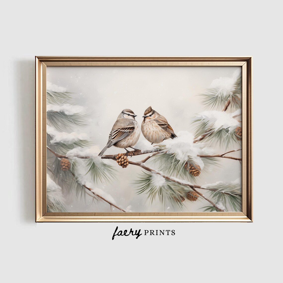 Two Winter Birds on Snowy Pine Branch Watercolor Nature Poster