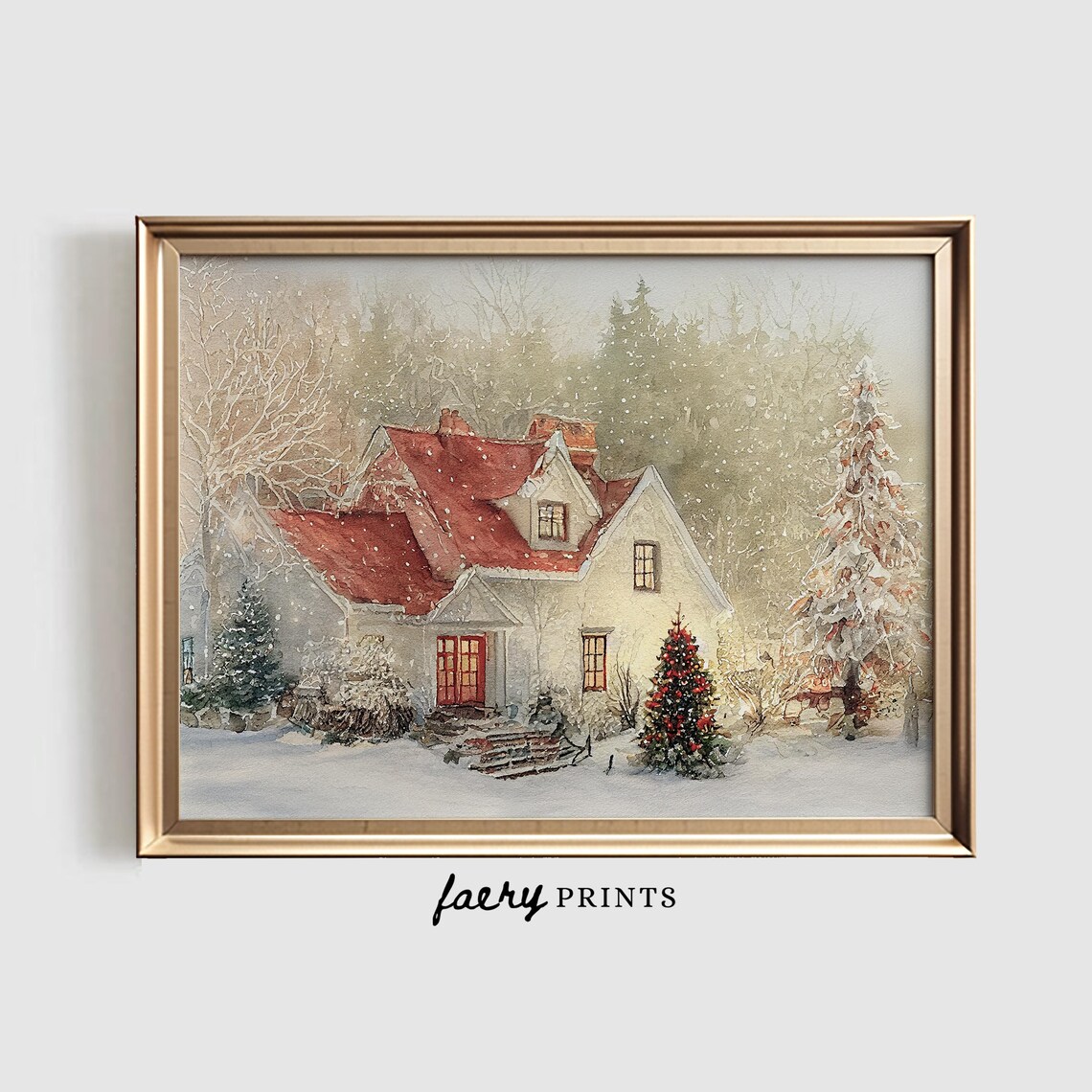 Winter Watercolor Christmas House Art Print