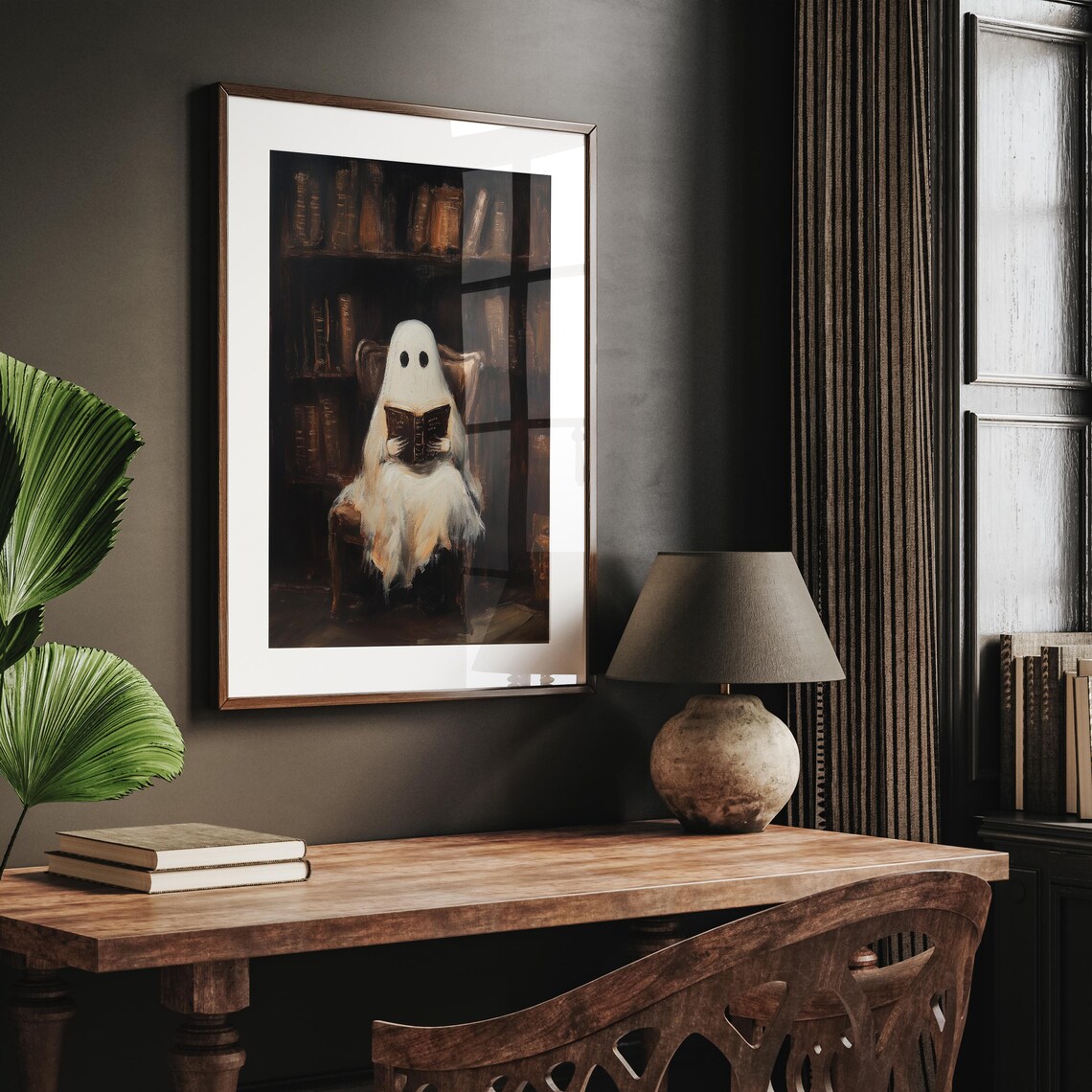 Ghost Reading in Dark Library Vintage Halloween Book Lover Poster - Image 4