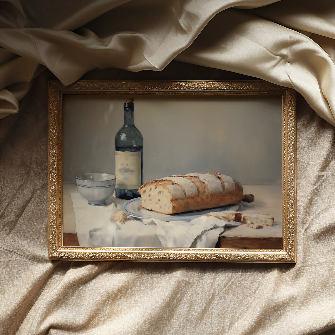 Wine Bottle Bread Bowl Rustic Still Life Oil Painting Poster - Image 5