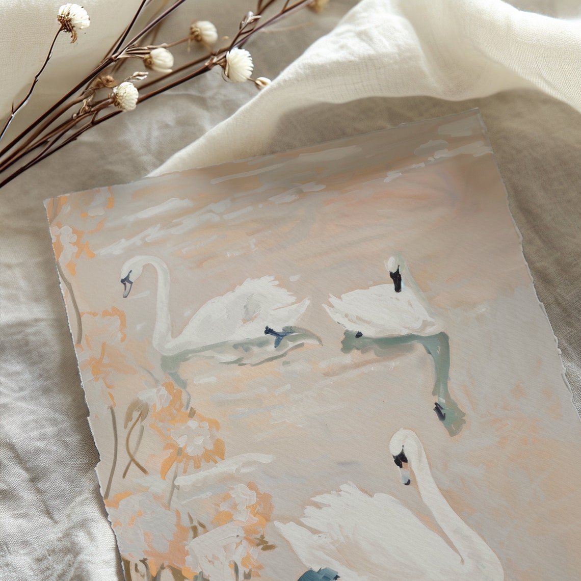 White Swans on Blush Water Pastel Romantic Pond Birds Poster - Image 3