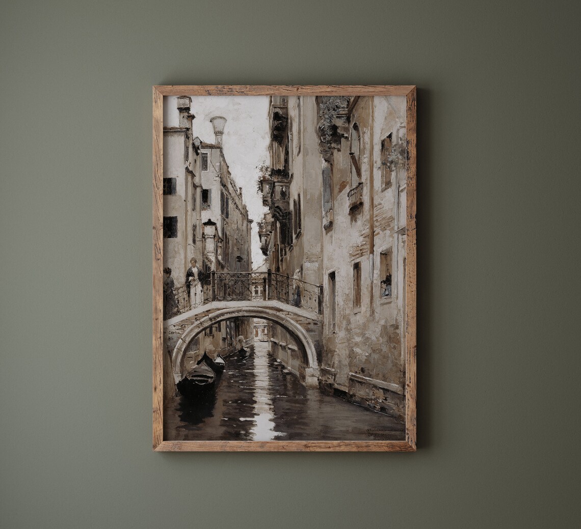 Old Venice Narrow Canal Stone Bridge Sepia Oil Painting Poster - Image 3
