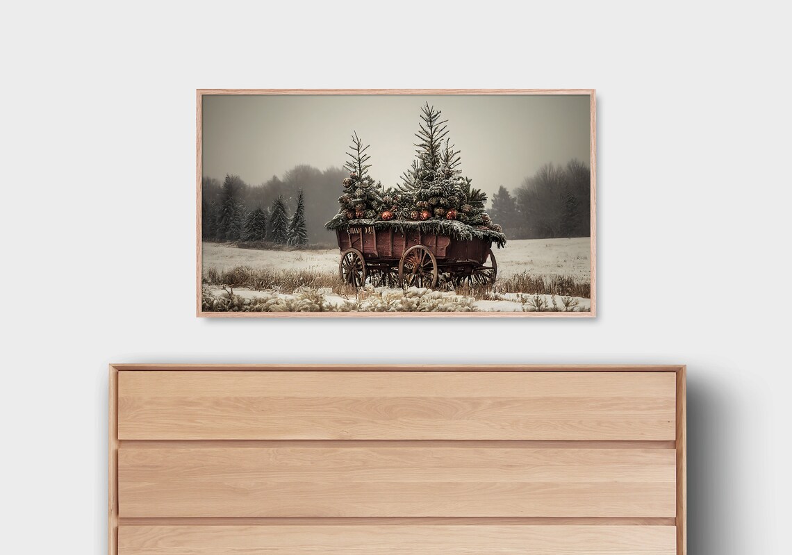 Vintage Christmas Tree Farm Wagon Snowy Field Winter Holiday Poster