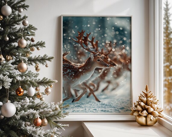 Fallow Deer Buck Leaping Through Snowy Twilight Forest Christmas Poster